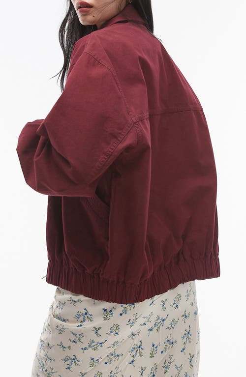 Shop Topshop Oversize Cotton Bomber Jacket In Burgundy