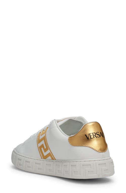 Versace Leather Sneakers Greca Embroidered Detail Gold Accents In White/gold