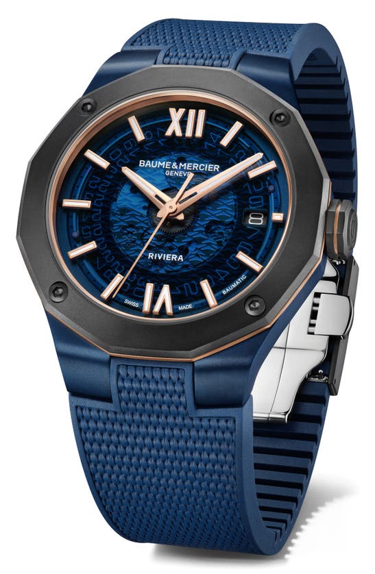 Shop Baume & Mercier Riviera 10769 Rubber Strap Watch, 42mm In Smoked Blue Sapphire