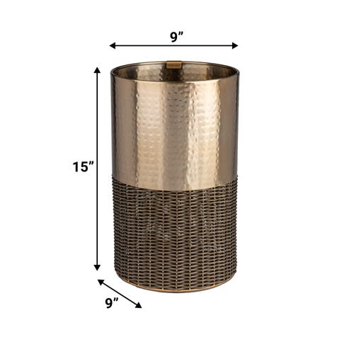 Happimess Asher Modern 4.13-gallon 2-tone Faux Wicker/metal Cylinder Waste Basket, Black/natural In Bronze/coffee