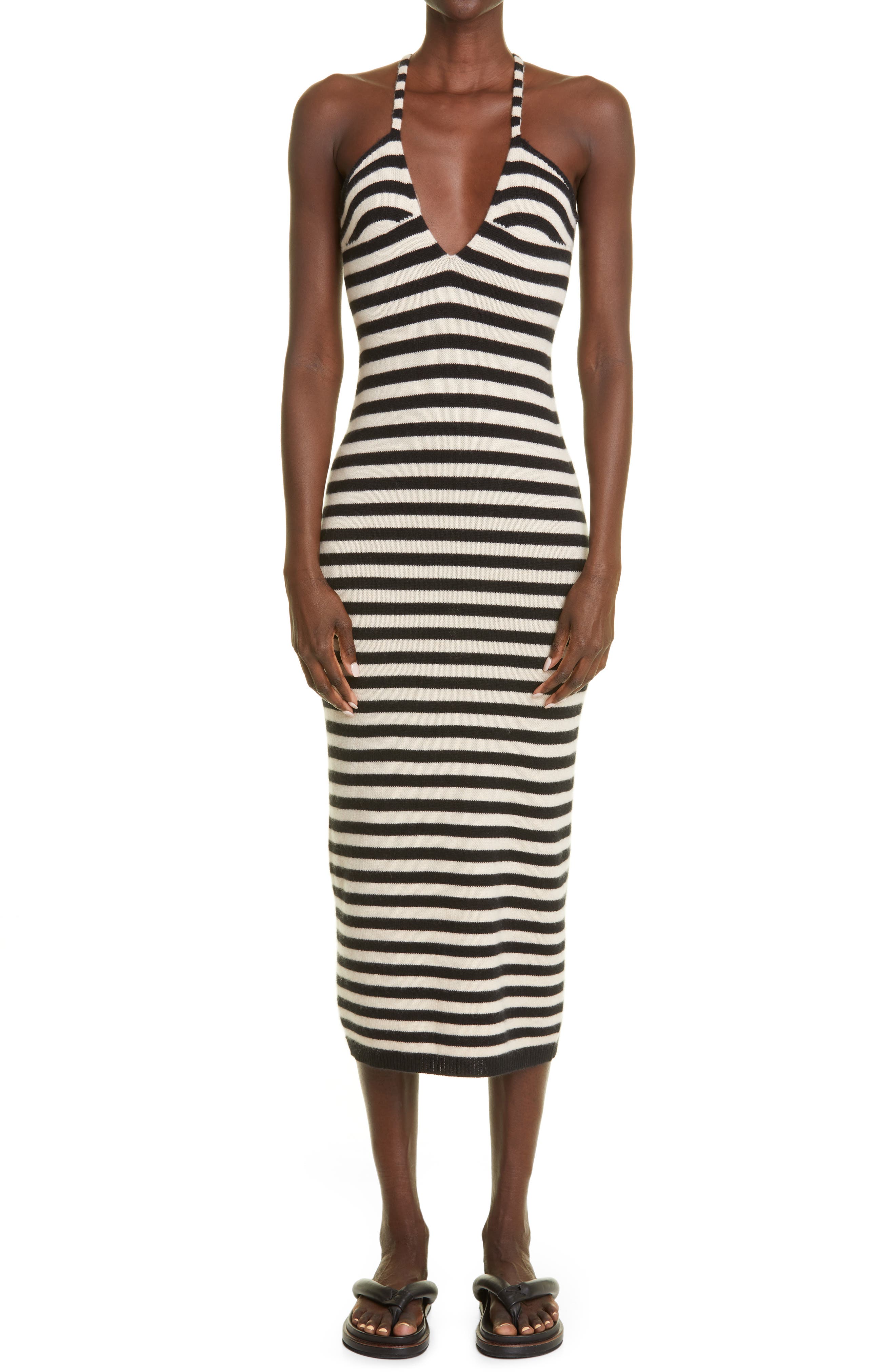 Khaite The Georgia Dress in Black and Custard Stripe