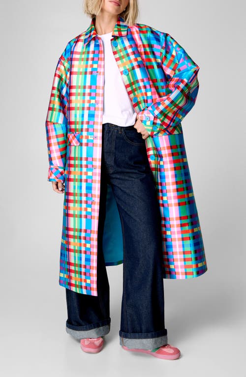 Shop Nasty Gal Check Longline Satin Coat In Blue Multi