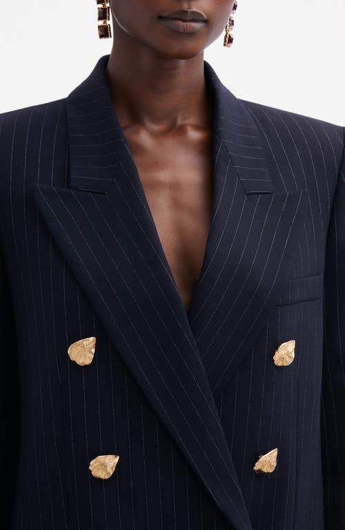 Shop Oscar De La Renta Pinstripe Double Breasted Stretch Wool Blazer In Navy/white