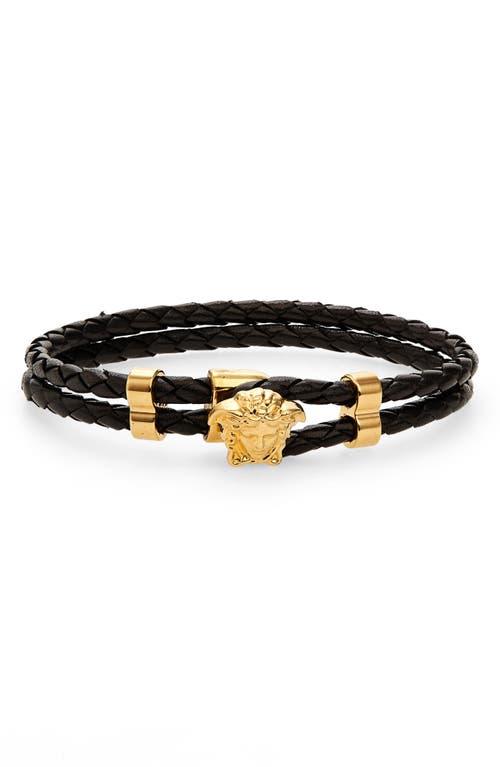 Medusa Braided Leather Bracelet in Black