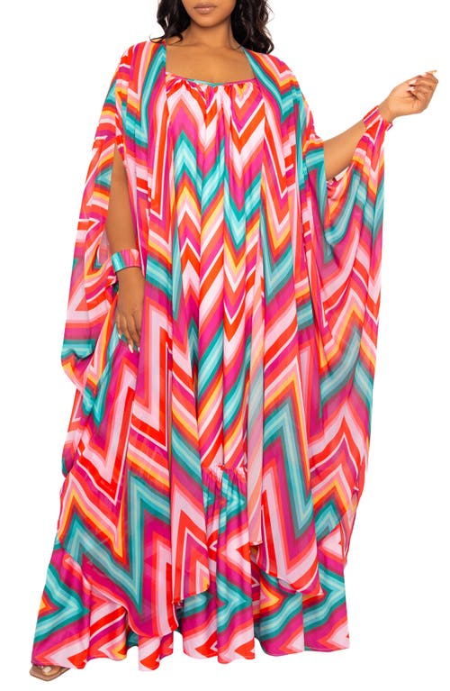 Buxom Couture Chevron Print Chiffon Robe With Wrist Bands In Pink Multi