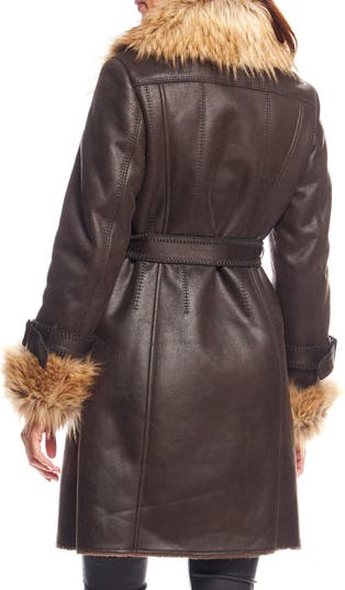 Faux Fur Trim Faux Leather Trench Coat