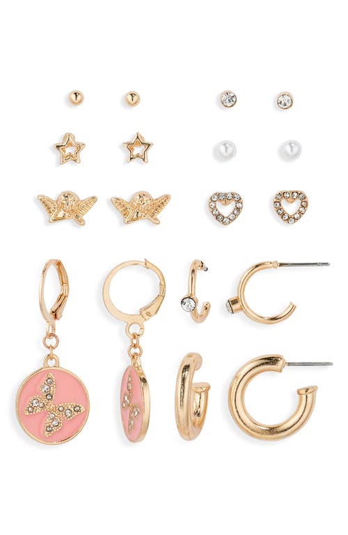 BP. Set of 9 Assorted Stud & Huggie Earrings in Pink Multi- Gold