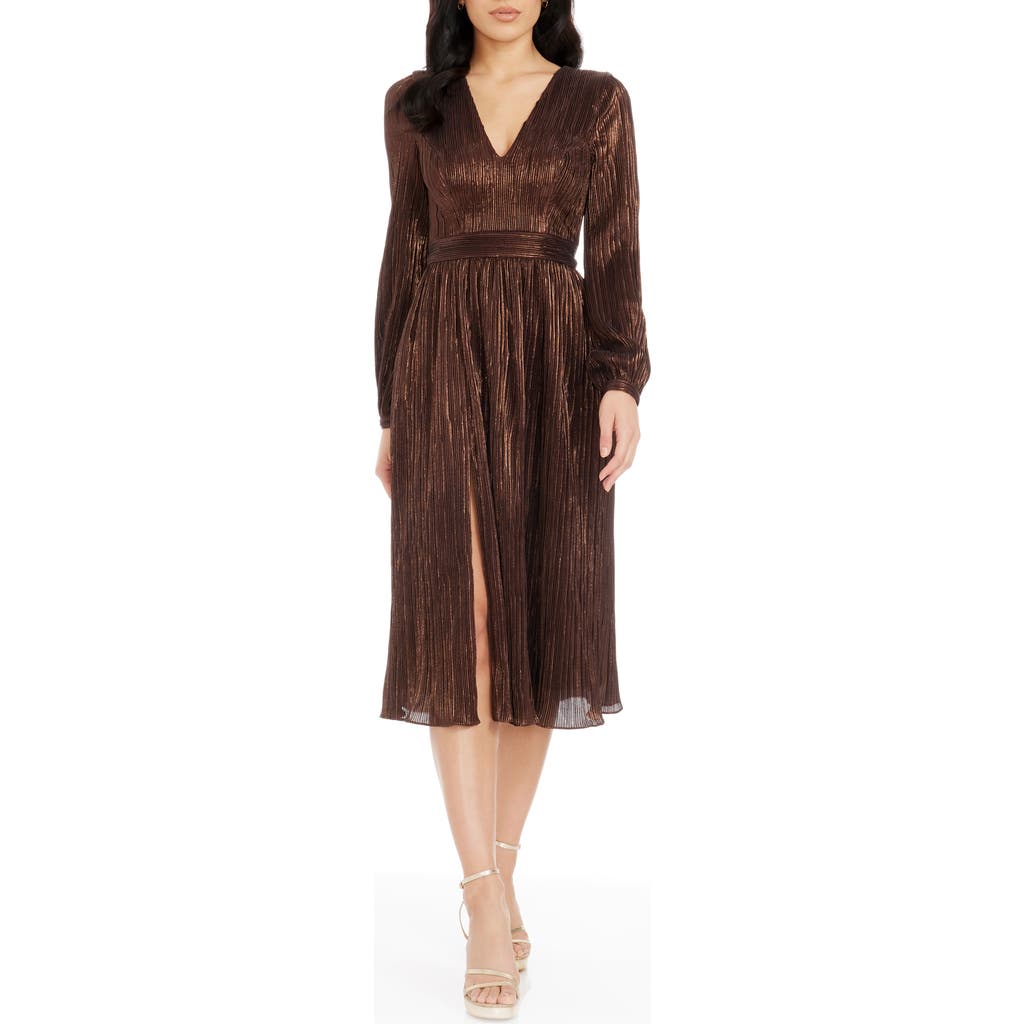 DRESS THE POPULATION DRESS THE POPULATION HOLLY LONG SLEEVE METALLIC PLISSÉ DRESS