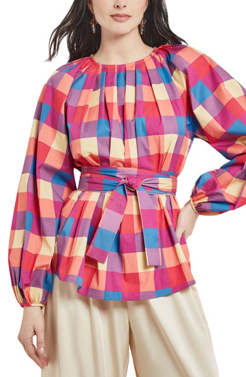 Shop Misook Check Tie Waist Shirt In Pink/blue Multi