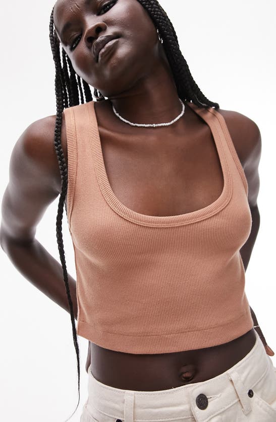 Shop Topshop Rib Stretch Cotton Crop Top In Brown