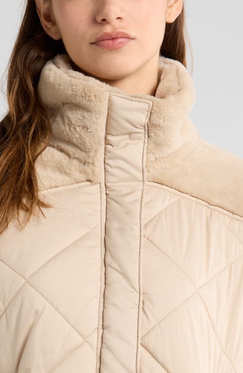 Shop Zella Faux Fur Mixed Media Quilted Jacket In Tan Oxford