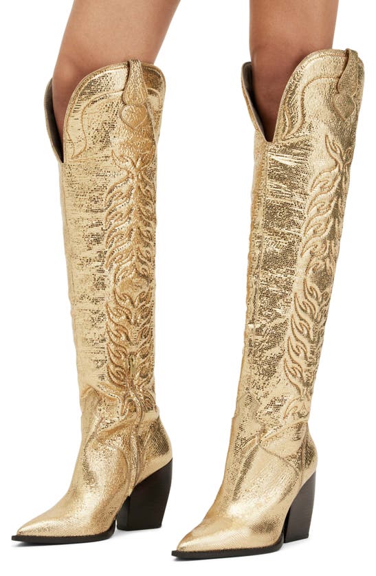 Shop Allsaints Roxanne Over The Knee Western Boot In Metallic Gold