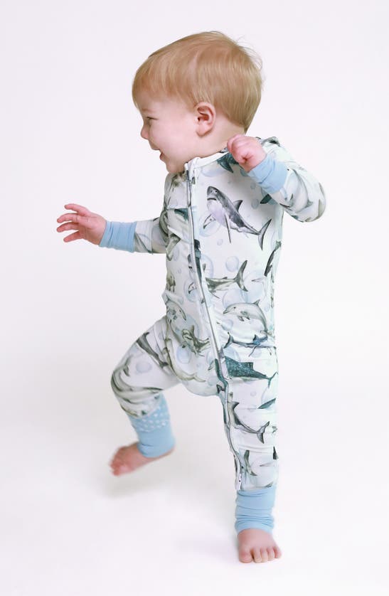 Shop Posh Peanut Sharkly Fitted Convertible Footie Pajamas In Open Blue