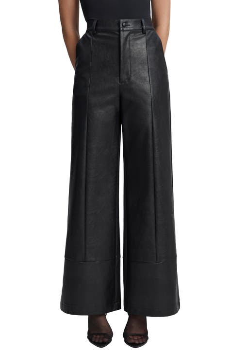 Women's Real Leather Pants High Waist Leather Wide Leg Pants Black  SmartUniverseWear