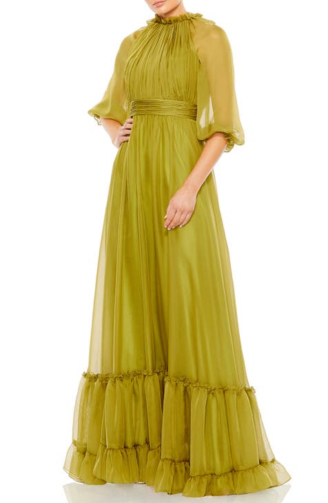 Sheer Sleeve Gathered Chiffon A-Line Gown