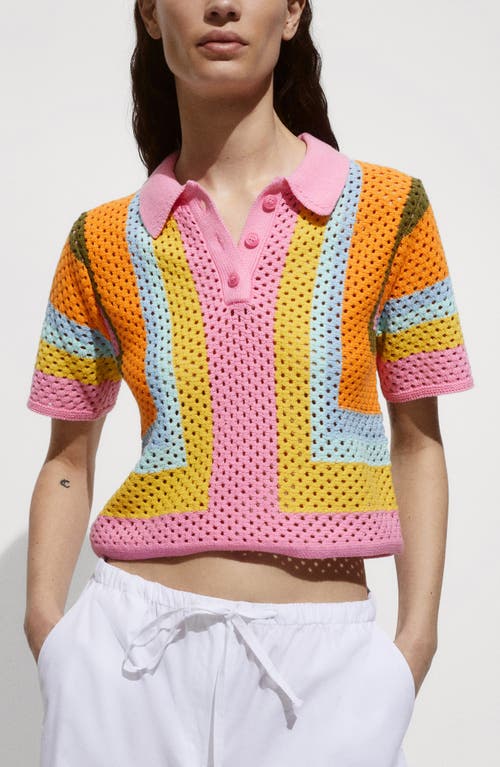 Mango Babylon Colorblock Open Stitch Cotton Polo Sweater In Pink