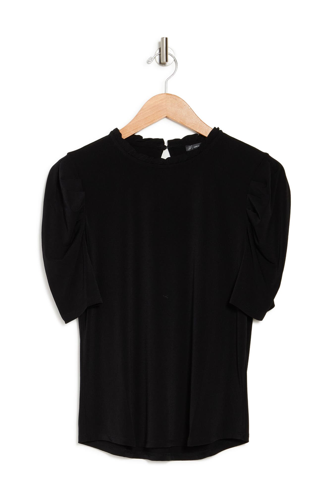 Adrianna Papell Ruffle Neck 3/4 Sleeve Moss Crepe Top In Black