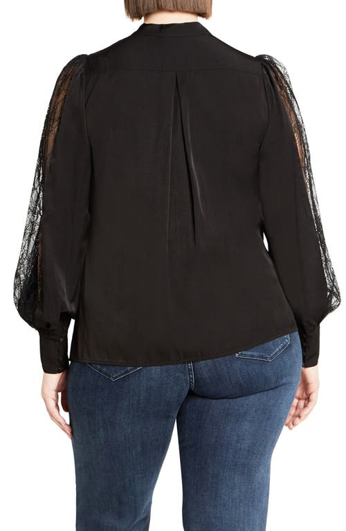 City Chic Georgia Lace Inset Sateen Button-up Shirt In Black