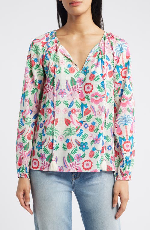 Serena Tropical Floral Cotton Tie Neck Top in Ivory