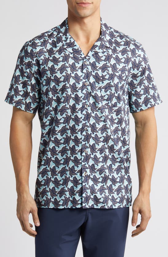 Shop Johnston & Murphy Leaf Print Cotton And Modal Camp Shirt In Blue