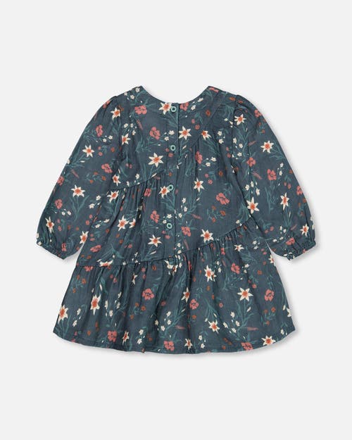 Shop Deux Par Deux Baby Girl's Long Sleeve Muslin Dress Teal Printed Flowers In Printed Edelweiss