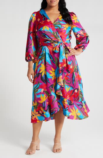 Tahari ASL Floral Satin Faux Wrap Dress | Nordstrom