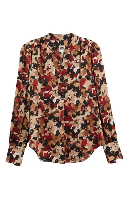 Shop Anne Klein Floral Long Sleeve Woven Top In Vicuna Multi