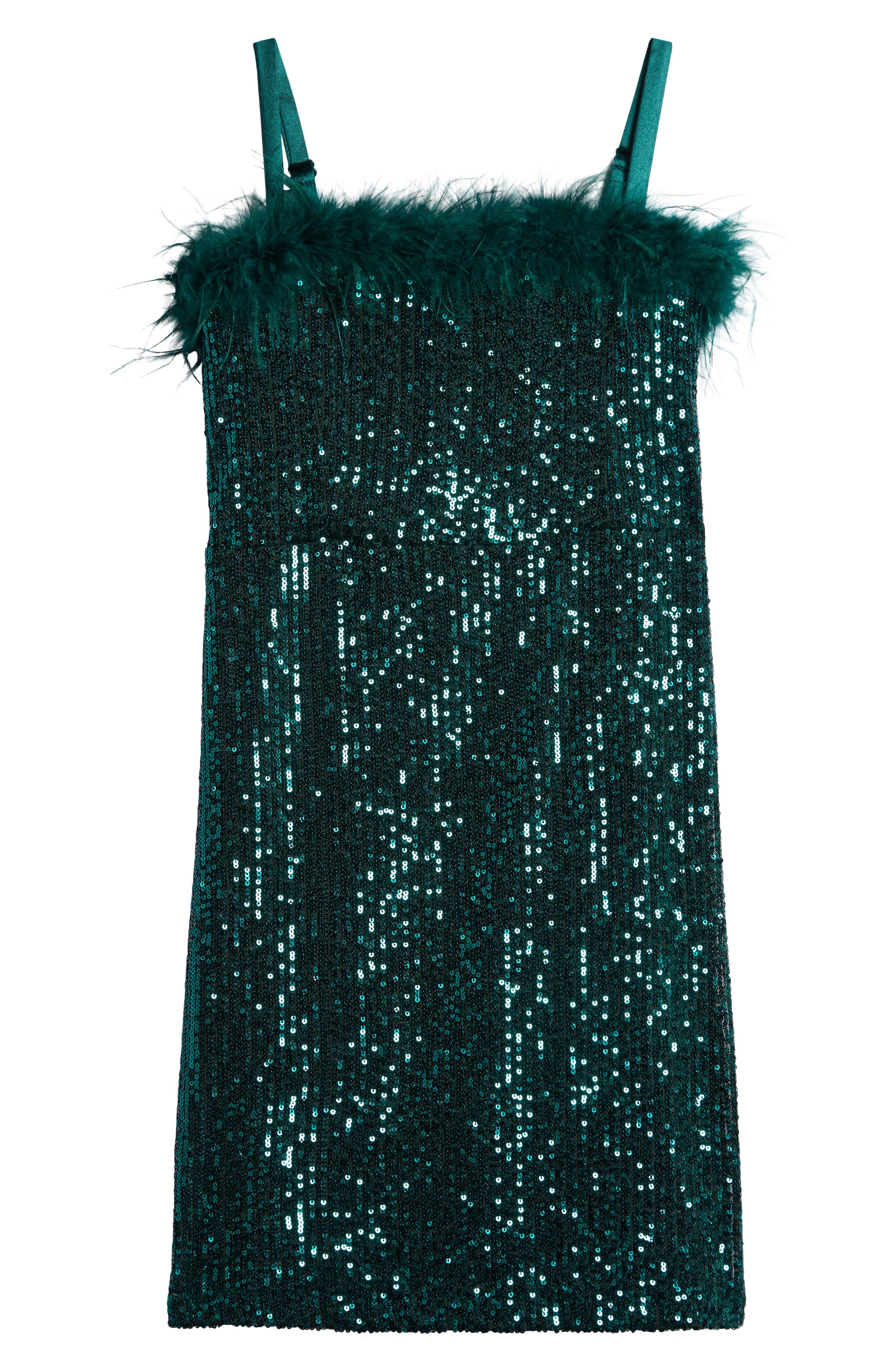 LOVE, NICKIE LEW Kids' Feather Trim Sequin Shift Dress in Emerald 