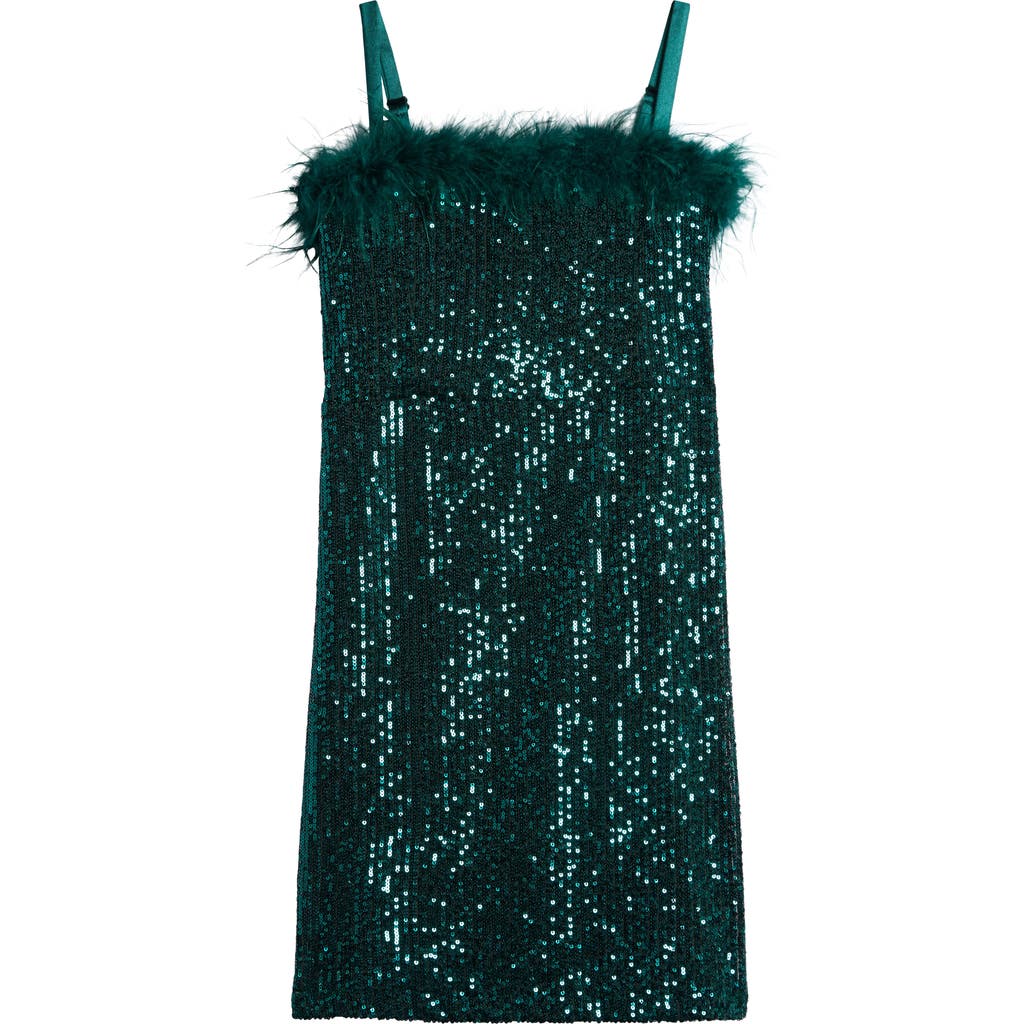 LOVE, NICKIE LEW Kids' Feather Trim Sequin Shift Dress in Emerald