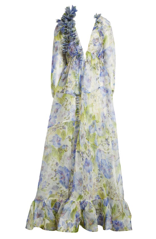 Shop Zimmermann Natura Floral Semisheer Long Sleeve Silk Dress In Blue Floral