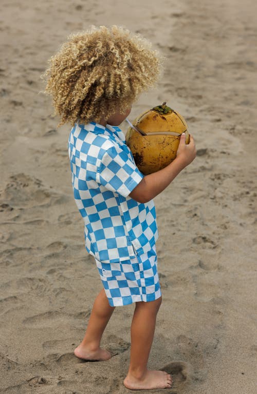 Shop Boardies Kids' Mojo Checkerboard Short Sleeve Button-up Camp Shirt In Blue/cream