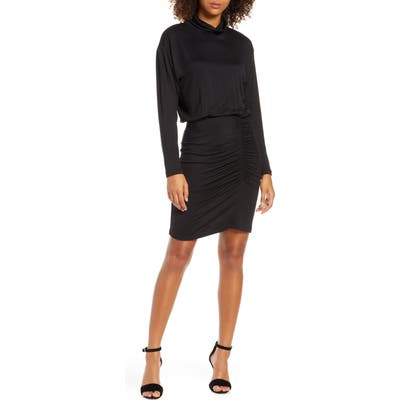 Fraiche By J Ruched Long Sleeve Turtleneck Dress, Black
