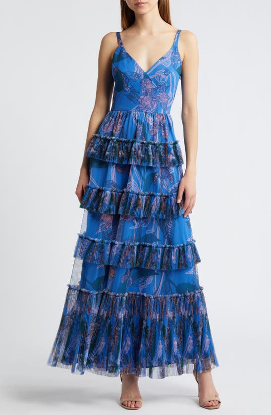 Shop Hutch Freya Tulle Plissé Ruffle Gown In Peri Inked Iris