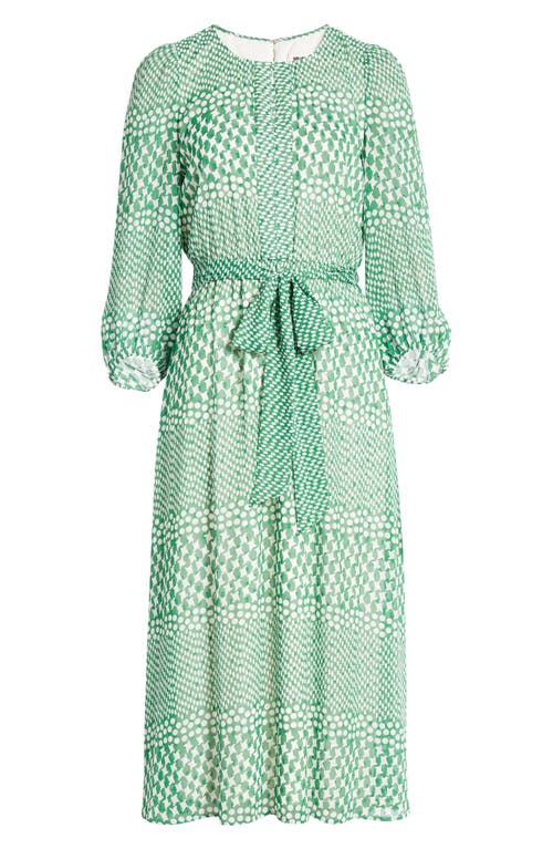 Shop Anne Klein Print Tie Waist Midi Dress In Emerald Mint/white