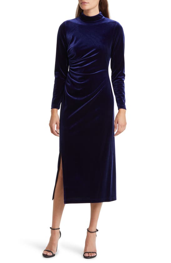 ANNE KLEIN RUCHED LONG SLEEVE VELVET DRESS