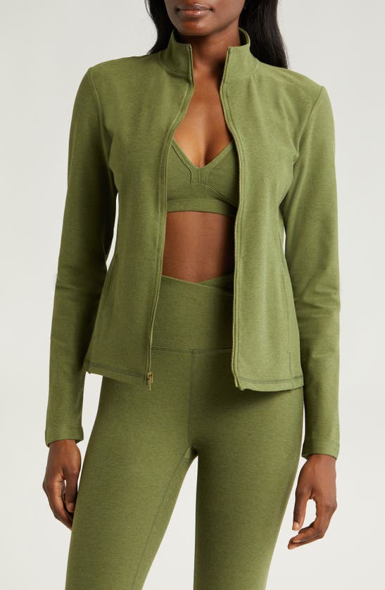 Beyond Yoga On The Go Mock Neck Jacket In Moss Green Heather