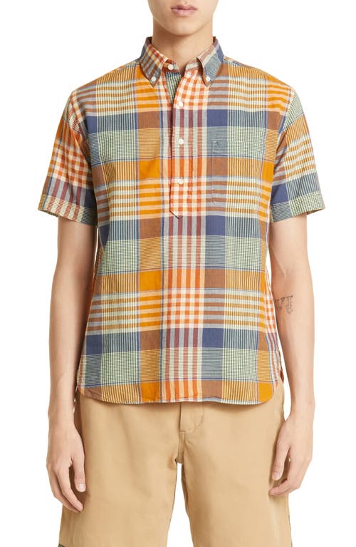 BEAMS Plaid Short Sleeve Button-Down Popover Shirt in Orange