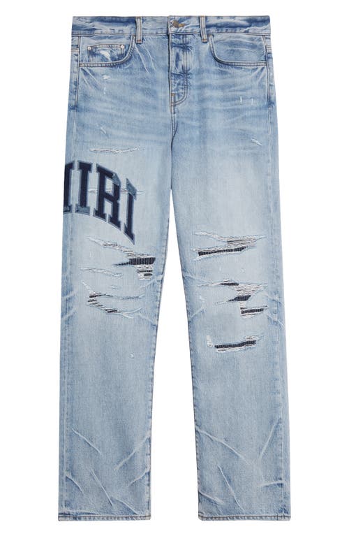 AMIRI AMIRI VARSITY LOGO RIP & REPAIR STRAIGHT LEG JEANS 