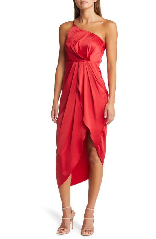 LULUS LAW OF ATTRACTION ON-SHOULDER SATIN COCKTAIL DRESS