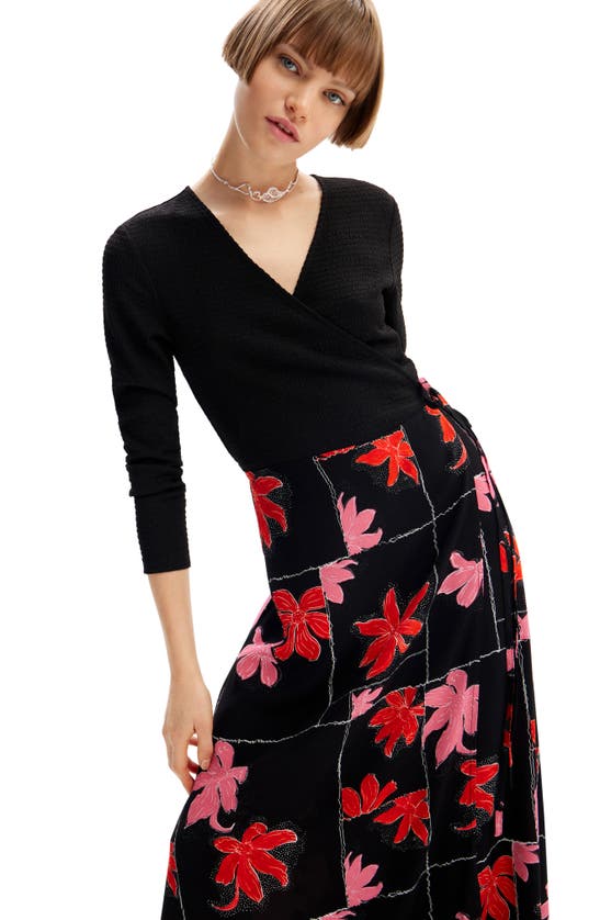 Shop Desigual Floral Long Sleeve Wrap Midi Dress In Black