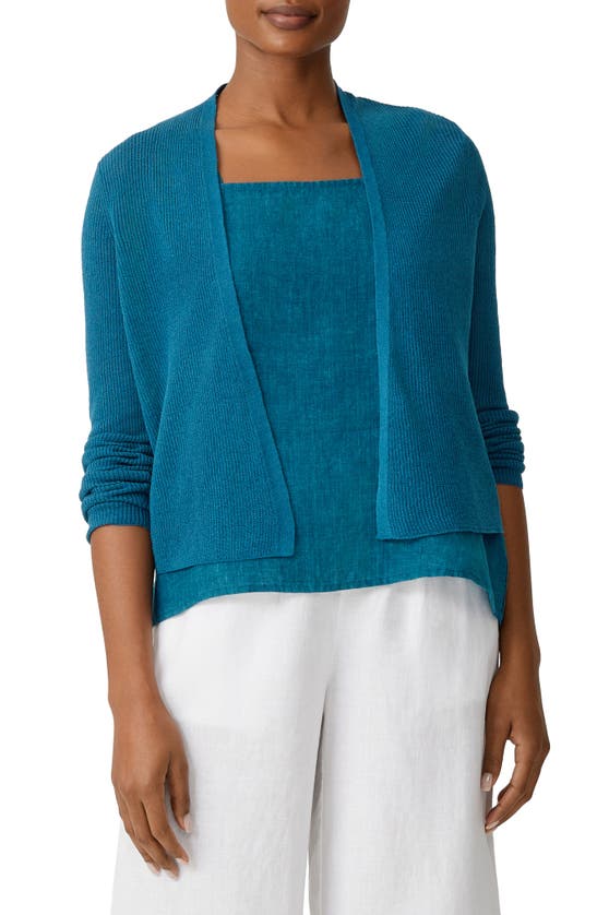Eileen Fisher Ribbed Organic Linen & Cotton Cardigan In Reef