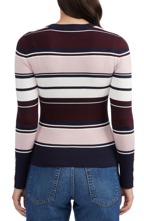 Ellen Tracy Stripe Ribbed Sweater In Wine Multi Stripe