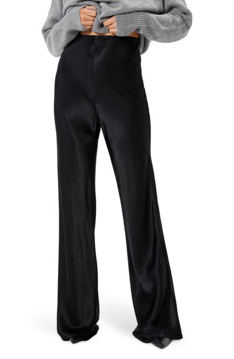 First Distraction the label Tall high waisted satin wide leg pants in navy