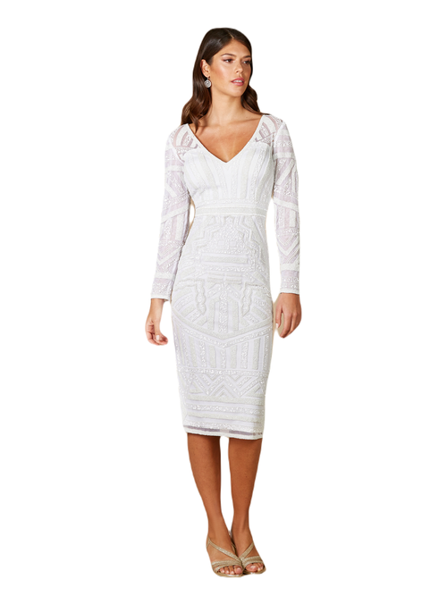 Shop Lara New York Gloria Long Sleeve Beaded Midi Dress In Ivory