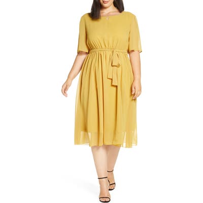 Plus Size Chi Chi London Curve Amanya Belted Chiffon Cocktail Dress, Yellow