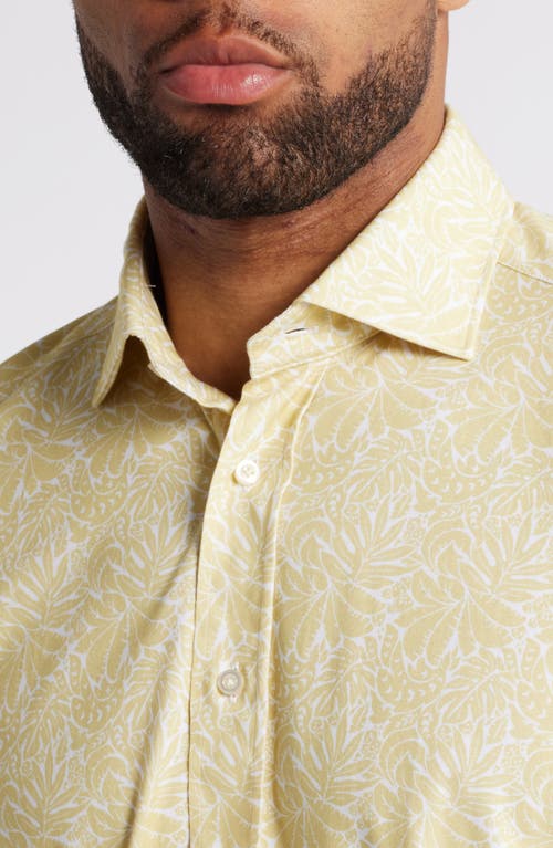 Shop Emanuel Berg 4flex Modern Fit Leaf Print Short Sleeve Knit Button-up Shirt In Bright Yellow