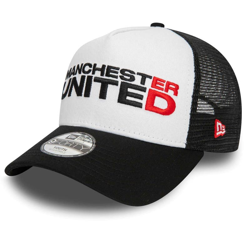 New Era Kids' Youth  Black Manchester United Wordmark E-frame 9forty Trucker Adjustable Hat In White