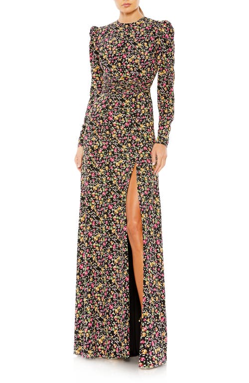 Ieena for Mac Duggal Floral Long Sleeve A-Line Gown Black Multi at Nordstrom,