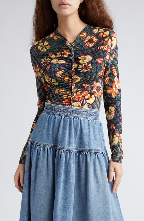 Ulla Johnson Ricci Floral Print Ruched Top Evergreen at Nordstrom,
