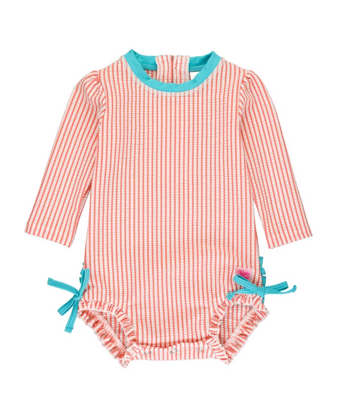 Shop Rufflebutts Girls Seersucker Long Sleeve Upf50+ One Piece Rash Guard In Coral